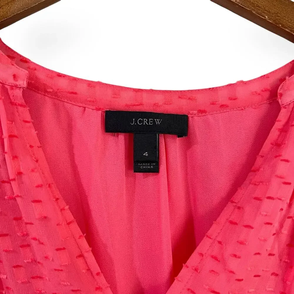 J. Crew Swiss Dot Silk Blend Blouse Size 4 Coral Pink Sheer Textured V-Neck
